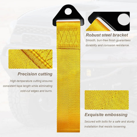 Heavy Duty Racing Tow Strap And Nylon Towing Rope For Jdm Sports Cars, Universal Front Or Rear Bumper Recovery Line, yellow strap close-up with steel bracket.