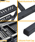 42 Inch Foldable Tailgate Ladder For Pickup Trucks Universal Fit Easy Access Built Tough Heavy Duty Aluminum Step Supports Up To 600 Lbs close-up of widened step, tube, strap, and silicone foot cap