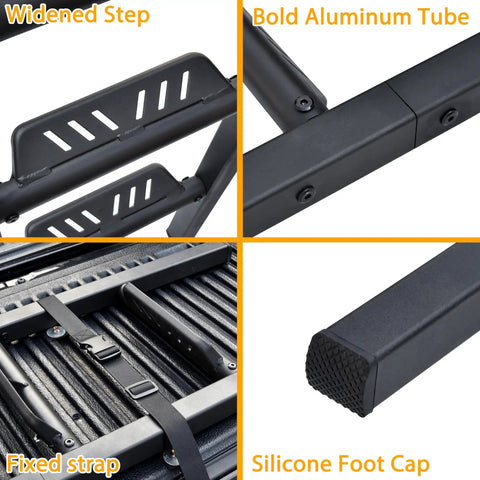 42 Inch Foldable Tailgate Ladder For Pickup Trucks Universal Fit Easy Access Built Tough Heavy Duty Aluminum Step Supports Up To 600 Lbs close-up of widened step, tube, strap, and silicone foot cap