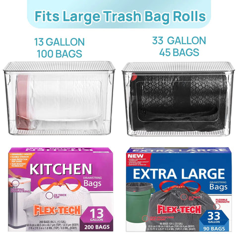 No Fuss Stackable Trash Bag Dispenser 2 Pack Clear Plastic Garbage Holder With Secure Locking Lid And Non Slip Base For Quick One Handed Swaps And Tidy Everyday Countertops