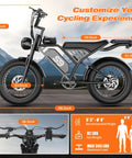 All Terrain Fat Tire Electric Bike For Adults With 36 MPH Top Speed, 100 Mile Range, dimensions and specs displayed on mountain backdrop