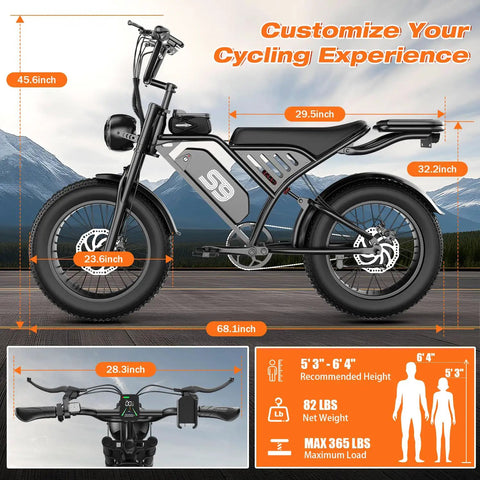 All Terrain Fat Tire Electric Bike For Adults With 36 MPH Top Speed, 100 Mile Range, dimensions and specs displayed on mountain backdrop