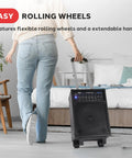 Person pulling Wireless Portable PA System With 400W Power And Bluetooth, Rechargeable Battery, Outdoor Sound Speaker Kit with handle and wheels.