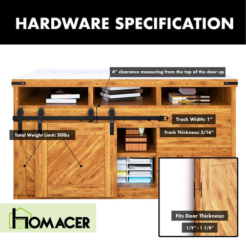Mini Black Rustic Sliding Barn Door Hardware Kit Bypass For Two Doors With 30 Inch Flat Track And One Bent Roller Dope shown on cabinet.