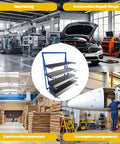 Four Tier Heavy Duty Lumber Storage Rack Made From Thick Alloy Steel For Sheds And Garages Holds 4000 LBS in workshop setting.