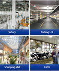 Four scenes featuring a factory, parking lot, shopping mall, and farm depicting indoor settings where lighting is essential.