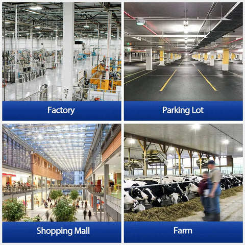 Four scenes featuring a factory, parking lot, shopping mall, and farm depicting indoor settings where lighting is essential.