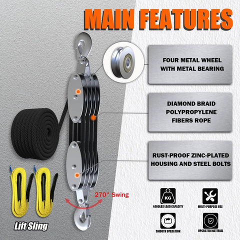 Rope Hoist Pulley System With Metal Bearing 4400lb Block And Tackle 8 To 1 Lift 65ft Heavy Duty With 2 Straps and main features.