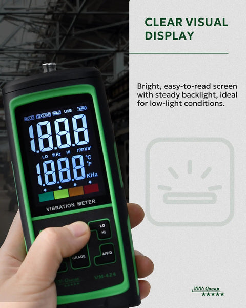 Vibration Meter VM-424 With Remote Probe for Motors and Gearboxes handheld view with bright digital display in factory setting