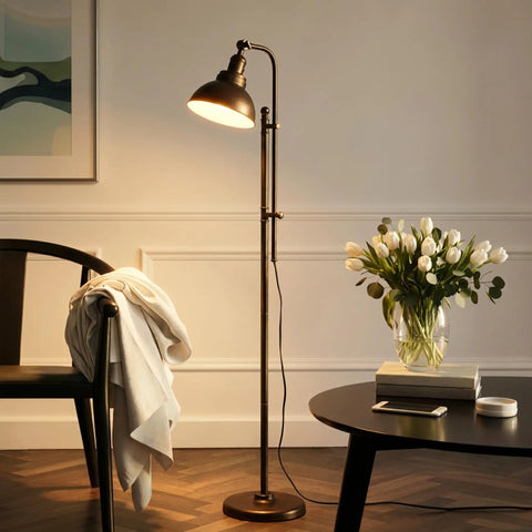 Industrial Floor Lamp With 180 Degree Adjustable Head, Lit LED Reading Light For Living Room Office And Bedroom