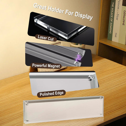 Acrylic Desk Name Plate Holder For Office 2x8 Inch Double Sided Block Clear Table Sign with laser cut, magnet, polished edges