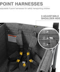 Interior view of foldable wagon with adjustable 5-point harnesses for two kids and cargo, heavy duty 110 lb capacity, black.