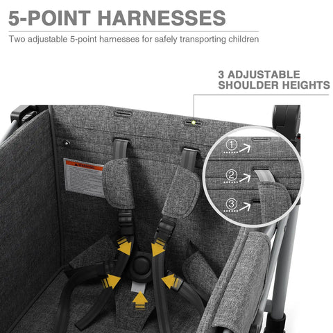 Interior view of foldable wagon with adjustable 5-point harnesses for two kids and cargo, heavy duty 110 lb capacity, black.