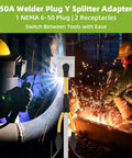 Kickass Heavy Duty 50 Amp NEMA 6-50P To Dual 6-50R Y Splitter Adapter Cord For Welders And EV Chargers in use with welding.