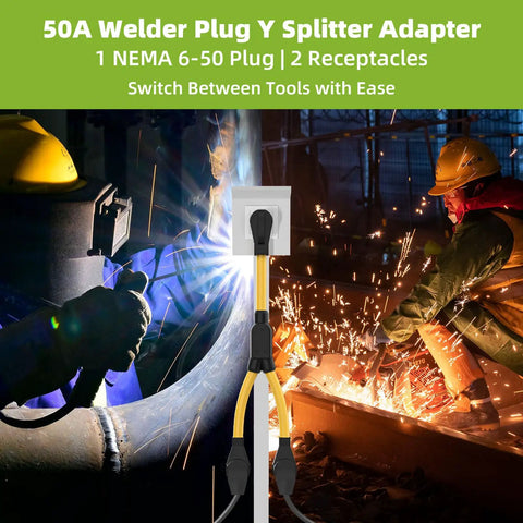 Kickass Heavy Duty 50 Amp NEMA 6-50P To Dual 6-50R Y Splitter Adapter Cord For Welders And EV Chargers in use with welding.