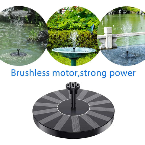 Sun Powered Solar Bird Bath Fountain Pump With 6 Nozzles For Outdoor Garden Pond Or Pool Floating 1.5W Solar Panel Eco Friendly Water Feature Easy Setup Attract Hummingbirds, shown installed in various water settings.