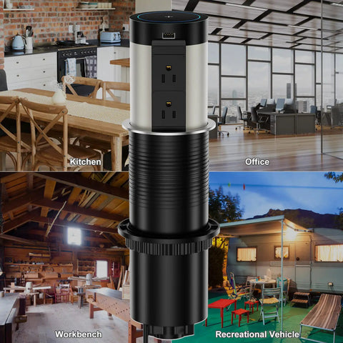 Pop Up Countertop Power Outlet With 5W Wireless Charger Four AC Outlets And Two USB Ports 4 Inch Pop Out ETL Listed shown in various settings