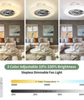 Remote LED Ceiling Fan With Light Kit 40W Dimmable displayed in living room, showing 3 color temperatures and remote control options