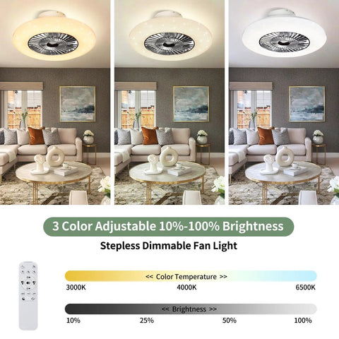 Remote LED Ceiling Fan With Light Kit 40W Dimmable displayed in living room, showing 3 color temperatures and remote control options