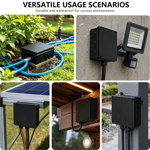 Hella Durable IP65 Waterproof ABS Junction Box Equipped With Two M24 Cable Glands For Heavy Duty Outdoor Electrical Setups And Custom Electronic Project Enclosures Premium Black placed in various outdoor scenarios.