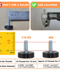 Measurement guide and comparison for Twenty Four Pack 1/4-20 Thread Leveling Feet showing correct use of calipers.