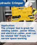 Open yellow case of 16 Ton Hydraulic Wire Lug Terminal Crimping Tool with 11 Dies YQK 300, rotatable head, worker in background
