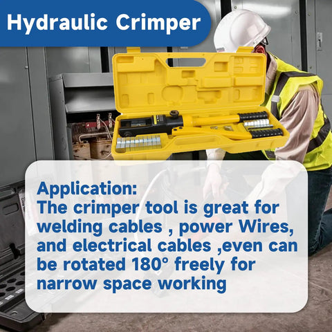 Open yellow case of 16 Ton Hydraulic Wire Lug Terminal Crimping Tool with 11 Dies YQK 300, rotatable head, worker in background