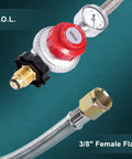 Gas propane regulator with gauge and 12 ft braided hose; red dial and 3/8 inch female flare fitting