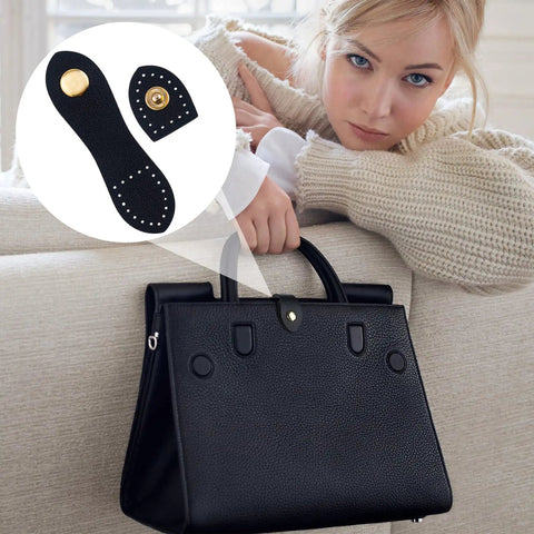 Eight Sets Leather Snap Buckles With Snap Button Closure Sew On For Wallets Bags And Notebooks Black And Light Brown Durable Leather Purse Fasteners For DIY Craft Projects shown on black handbag.