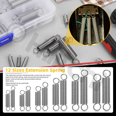 60 Piece Extension Spring Kit With 12 Sizes Stainless Steel Assortment for repairs and maintenance, shown in storage box