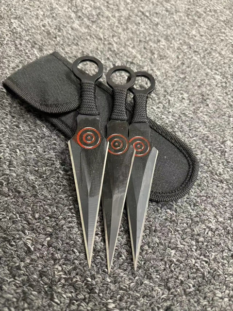 Dope Ninja Kunai Throwing Knife Set Three Piece Stainless Steel Blades With Nylon Sheath Six Point Five Inch Black Red Finish