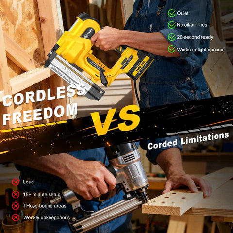 Heavy Duty 18 Gauge Cordless Brad Nailer And Electric Stapler Two In One Badass Driver comparison between cordless and corded tools.