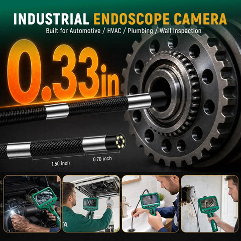 Two-Way Articulating Borescope With Light And 210 Degree Pivot Pro-Grade Snake Camera With IPS HD Display 4X Zoom 5FT Flexible Probe For Automotive HVAC Plumbing And Mechanical Inspection, 0.33in probe