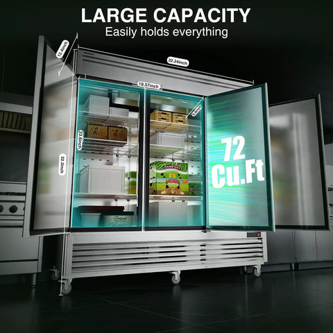 Straight Up Heavy Duty 72 Cu Ft Three Door Reach In Upright Commercial Freezer showcasing large interior capacity and adjustable shelves.