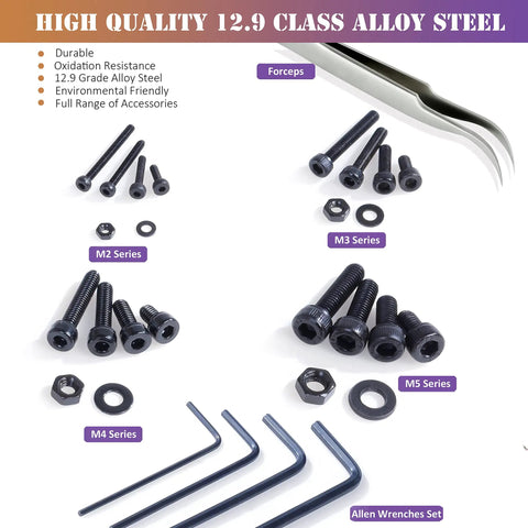 Beefy 860 Piece M2 To M5 Socket Head Cap Screws And Nuts Kit With Storage Box, 12.9 Grade Alloy Steel, DIN 912 Black Oxide Finish