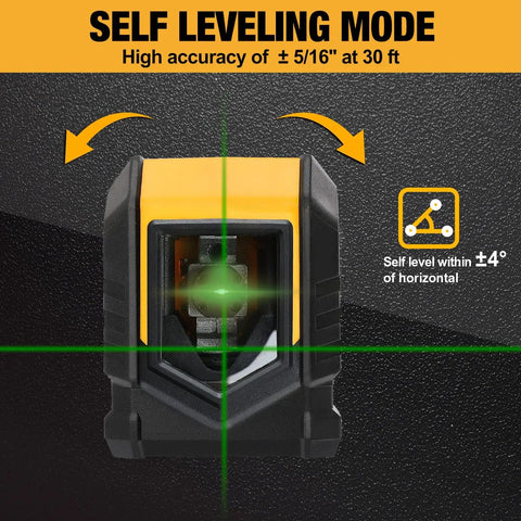 Green Beam Self Leveling Laser Level With 65 Ft Range Tripod Included Cross Line Projection For Precise Picture Hanging And Home Renovation LED Indicator 31.5 Inch Tripod Uses 2 AA Batteries showing self-leveling mode with green laser projection and accuracy details.