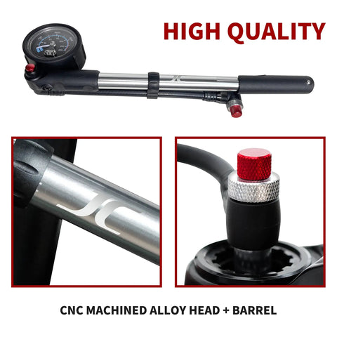 Portable Bike Fork And Rear Shock Pump 400 PSI With 1.5 Inch Gauge Micro Air Adjust Button Swivel Hose close-up
