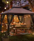 Heavy Duty Outdoor 10x10 Gazebo With Double Roofs, Metal Corner Frame Shelves, And Mosquito Netting, Ideal Party Shelter For Patio Deck Backyard, Brown, Perfect For BBQs, Gatherings, And Easy Outdoor Hangouts at night with lights.