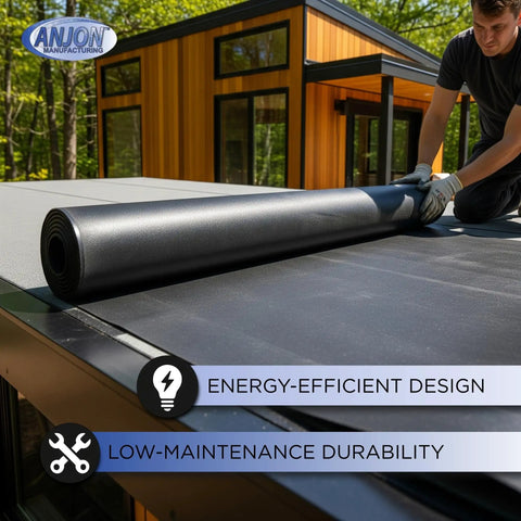 Top Shelf 45 Mil EPDM Rubber Roofing Membrane 5 Ft By 45 Ft Heavy Duty Waterproof Roll being installed on a flat roof.