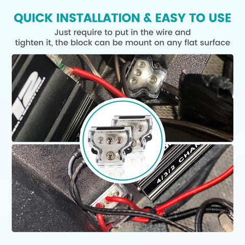 Beefy 3 Way Zinc Alloy Power And Ground Distribution Block For Car Audio, 0/2/4 Gauge In, 4/8 Gauge Out, Dual Pack Amplifier Wiring Splitter, Heavy Duty Ground Or Power Block For Auto Stereo installed in car audio wiring