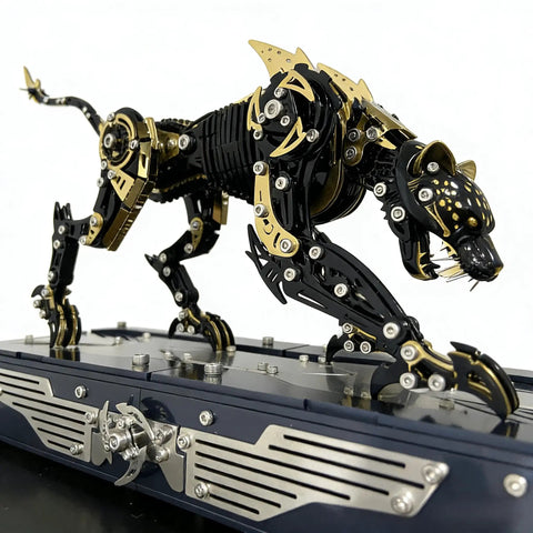 3-D Metal Cheetah Model Building Kit For Adults, Steampunk Leopard Challenge, golden mechanical puzzle on display
