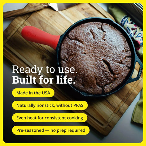 Seasoned Cast Iron Skillet 12 Inch Workhorse Pan For Stove Oven Grill And Campfire With Silicone Handle Holder in use with food