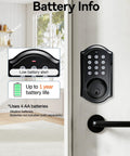 Cut The Cord On Lost Keys With This Keyless Entry Door Lock Featuring An Electronic Keypad Deadbolt For Your Front Door That Stores 100 Unique Codes With Smooth Daily Use, showing battery info and low battery alert.