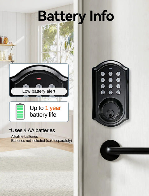 Cut The Cord On Lost Keys With This Keyless Entry Door Lock Featuring An Electronic Keypad Deadbolt For Your Front Door That Stores 100 Unique Codes With Smooth Daily Use, showing battery info and low battery alert.