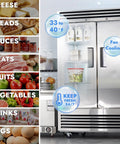 Workhorse 54 Inch Reach In Commercial Refrigerator Brings 49 Cubic Feet Of Upright Storage With Two Solid Doors and food items beside it.