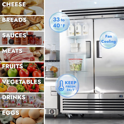 Workhorse 54 Inch Reach In Commercial Refrigerator Brings 49 Cubic Feet Of Upright Storage With Two Solid Doors and food items beside it.