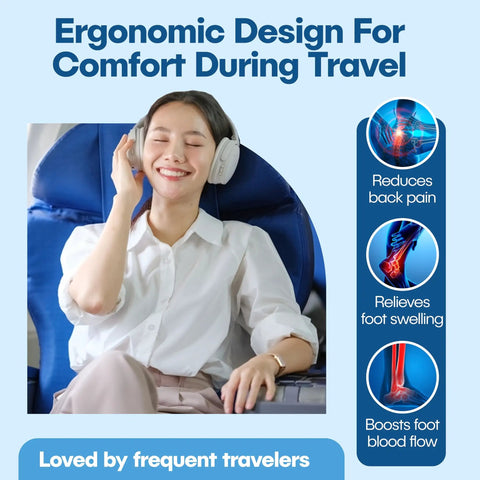 Smiling woman wearing headphones enjoying ergonomic comfort during travel, seated on blue plane seat, featuring infographic on benefits.