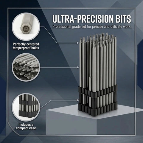 Ultra-precision bits set with compact case and tamperproof holes, professional quality for precise work.