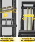 Three Tier Adjustable Dumbbell Rack for Home Gym showing adjustable angle and customizable bar gaps