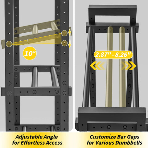 Three Tier Adjustable Dumbbell Rack for Home Gym showing adjustable angle and customizable bar gaps